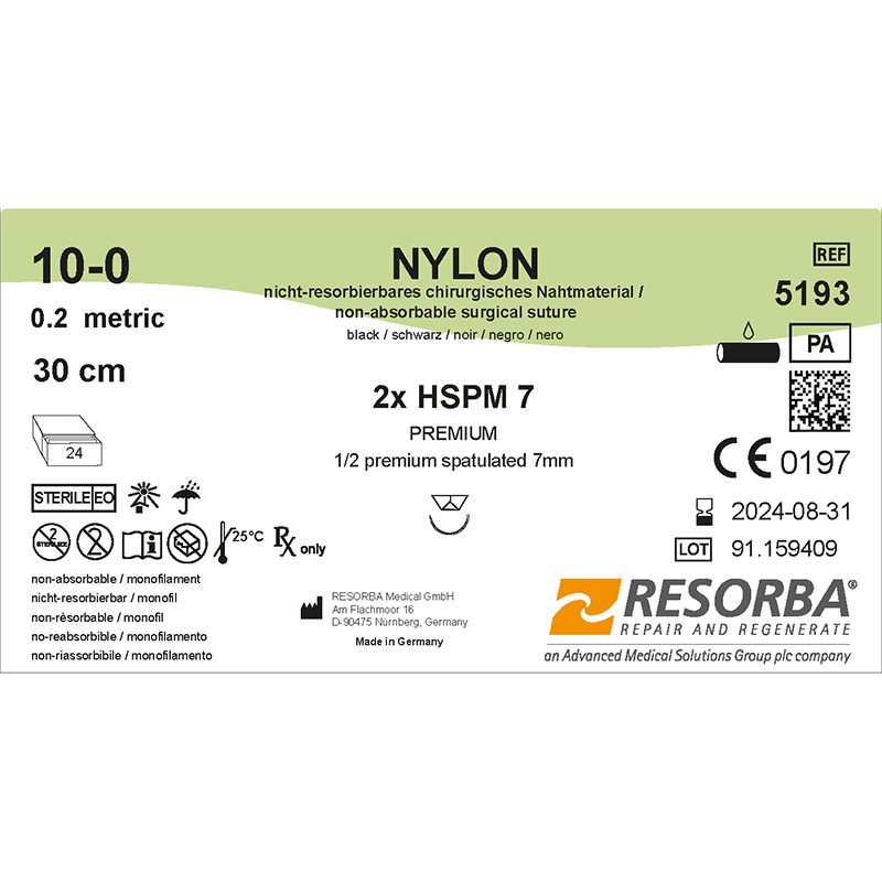 Нейлон моно USP10-0 чорний 30см, дві голки звор-ріж шпател,типу преміум 7мм, 1/2
